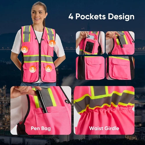 Hi Vis Safety Vest for Women,Working Drawstring waist Construction Vest with Poc image 3