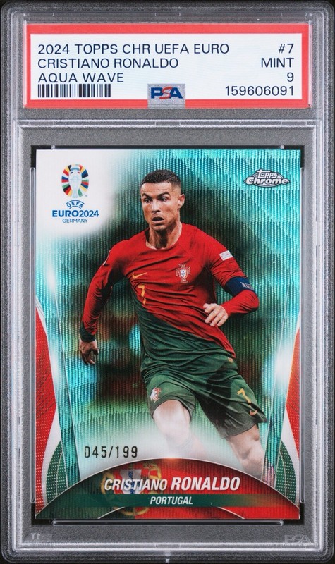 Cristiano Ronaldo 2024 Topps Chrome UEFA EURO Refractor Aqua Wave /199 PSA 9
