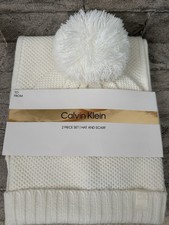 Calvin Klein Pom Beanie Hat And Scarf Set Ivory/Cream Color Brand New 