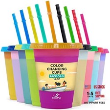 Kids Cups with Straws and Lids- 9 Packs 16 oz- Color 16 ounces Pack of 9 