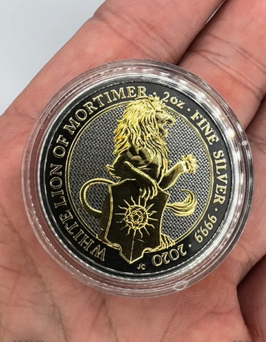 White Lion Of Mortimer 2oz Silver Coin Black 24k Gold Gilded Tudor Queen Beasts