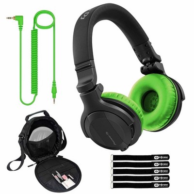 Pioneer DJ HDJ-CUE1BT Black Wireless Bluetooth Headphones, Green Ear Pads & Case