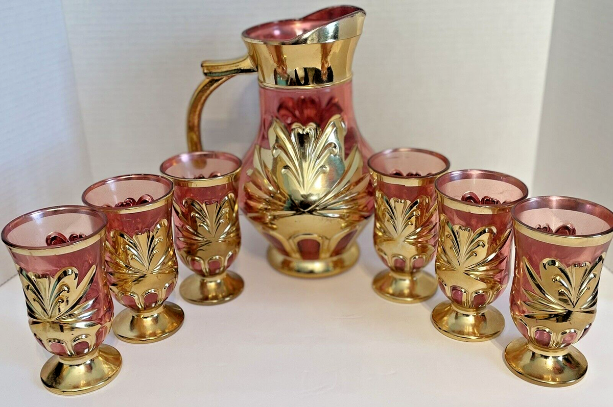 Vintage MCM Drink Set Pitcher 6 Glasses Cranberry / Pink Gold