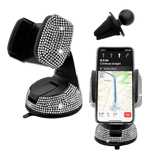 Bling Car Phone Holder, 360 Degree Adjustable Crystal Auto Dashboard Air White