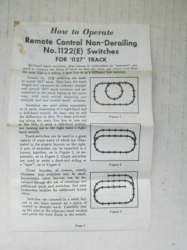 LIONEL 1122 e instruction sheet original