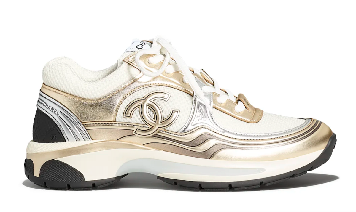 Chanel 23C White Gold Silver CC Logo Lace Up Flat Runner Chanel 23C White Gold Silver CC Logo Lace Up Flat Runner