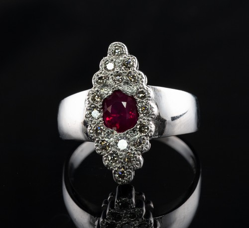 Anillo Rubí Diamante Natural Banda Oro Blanco 14K Vintage Floral - Imagen 2 de 10