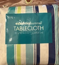 Essential Home Oblong TableCloth Summer Blue Green White Stripes 52”x90” NEW
