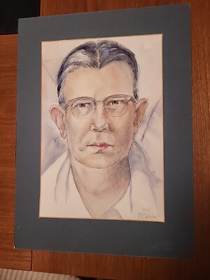 Vintage Watercolor/Gouache on Paper Self Portrait by E.R. Blakeslee  Matted
