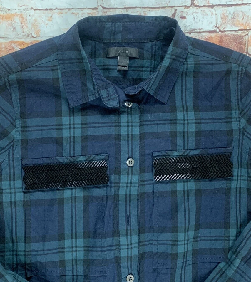 Camisa J CREW con botones para mujer talla S pequeña verde a cuadros manga larga deslumbrada Foto 2 de 4