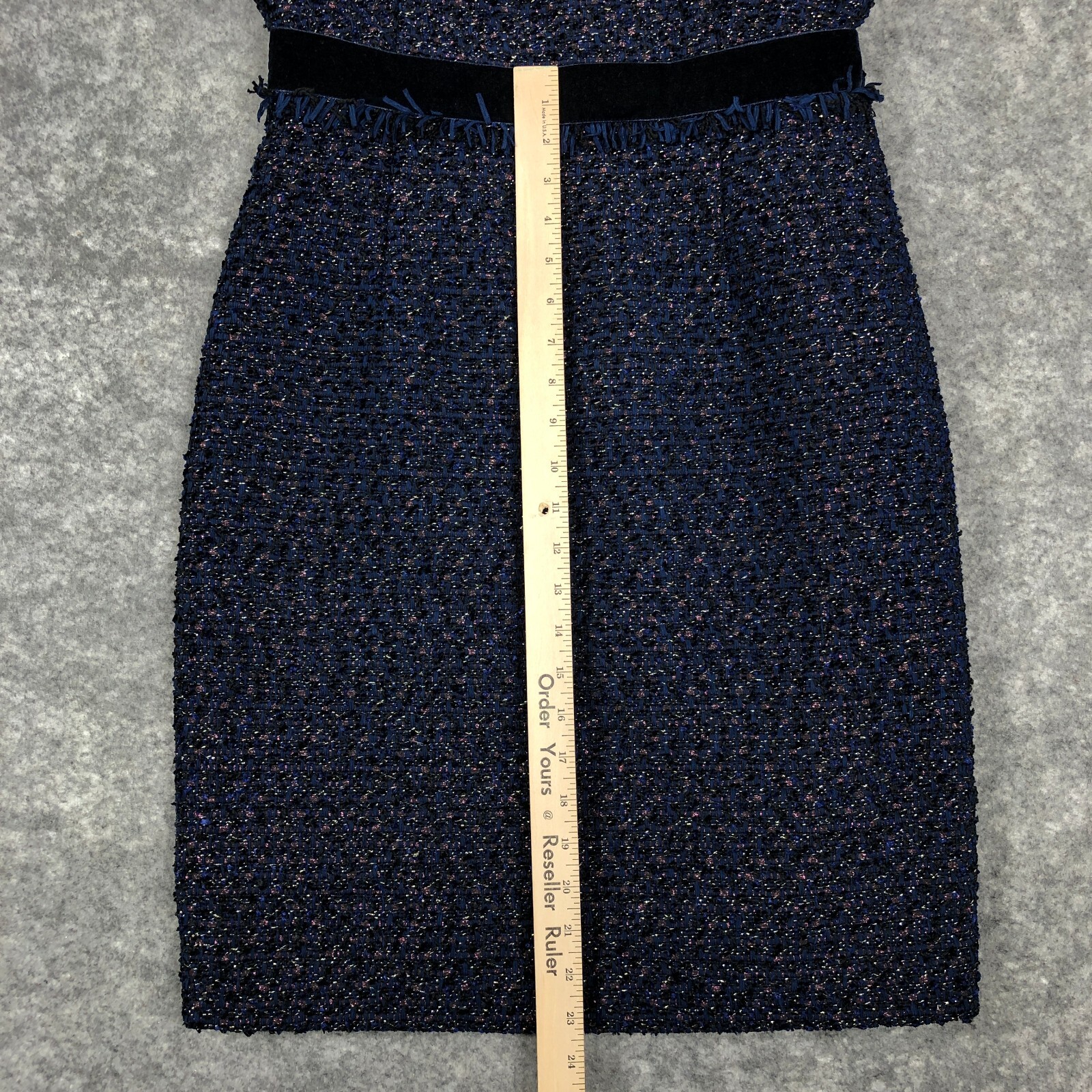 J. Crew Dress Size 6 Wool Sparkle Tweed Fringe Midnight Blue Black Sheath Velvet