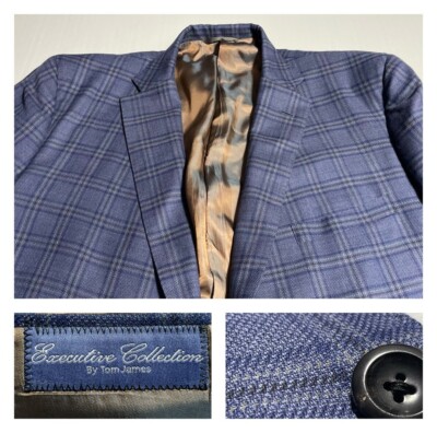 Tom James Custom Wool Jacket Sport Coat Plaid Blue USA (46S-48S portly)*