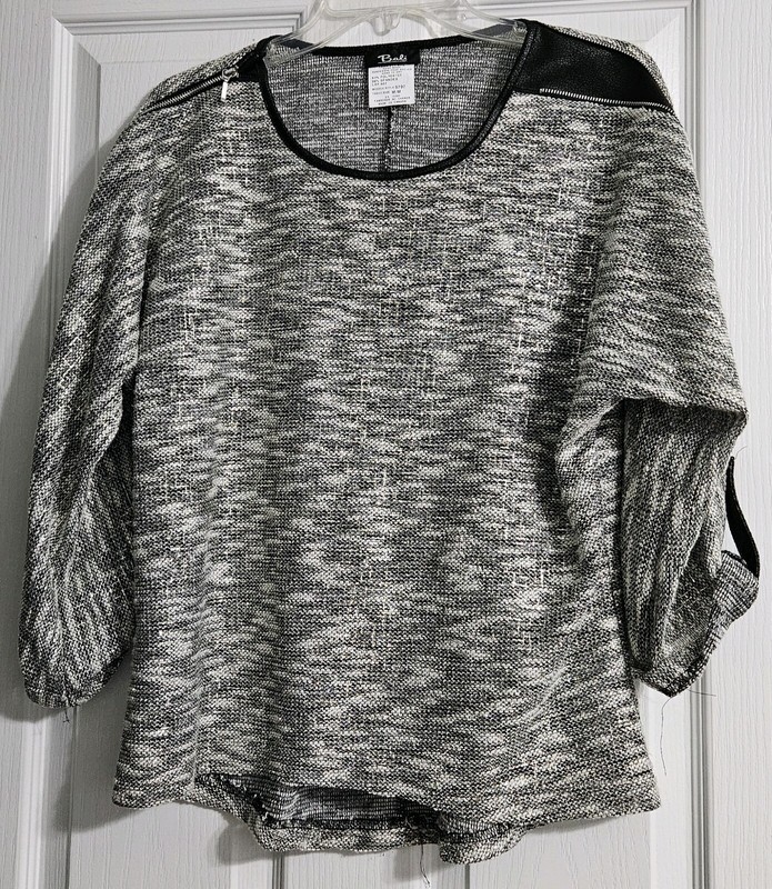 Grey/White Long Sleeve blouse, Zipper On Shoulders,  Silver Tinsel , Size M