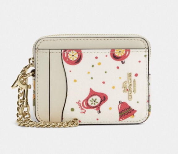 Coach C7412 Zip Card Case With Ornament Print Wallet Gold/Chalk
