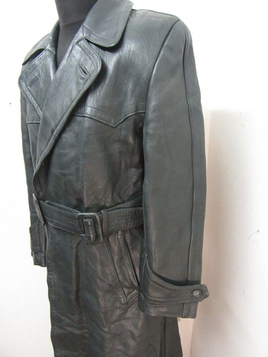 VINTAGE WW2 LEATHER GERMAN GREEN TRENCH COAT JACKET SIZE UK M - Picture 4 of 17