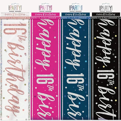 UNIQUE 16th Birthday Banner Age 16 Foil Party Decoration – 9ft Shiny Design
