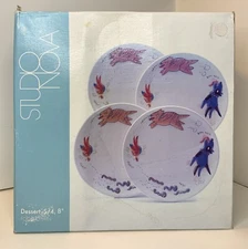 4 Studio Nova Salad Plates "Food Chain" Worms Bird Cat Dog 8" 3D NEW in Open Box