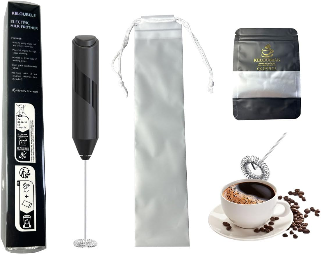 Milk Frother Wand with trip bag trip coffee bag,Handheld Stainless Steel - Batte-image