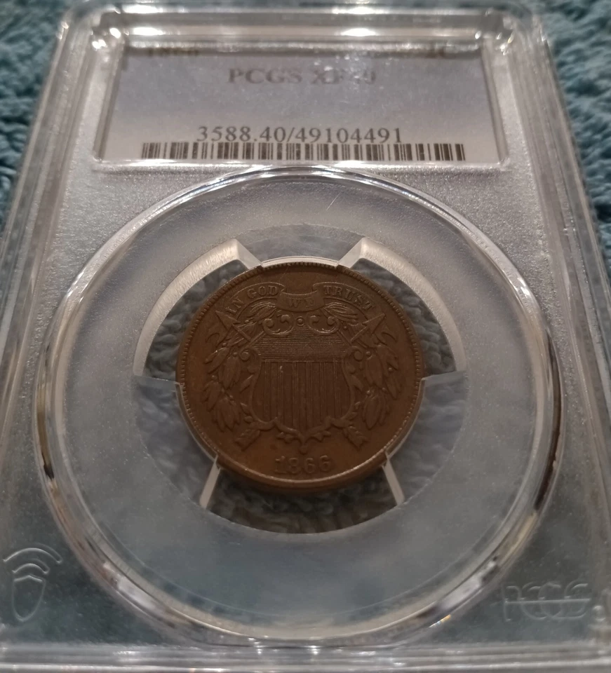1866 Two Cents, PCGS XF-40 - with "WE" and a trace of red lustre - Image 2 of 4