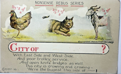 Cat Postcard Animals Chicago Puzzle Hint Nonsense Rebus Series Lounsbury publ