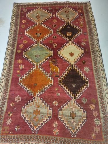 Antique Oriental Hand-Knotted Wool Area Rug Nomadic Red/Beige/Green 4'5" x 7'1"