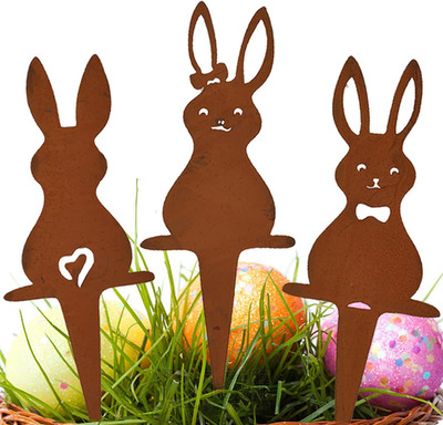3-Piece Easter Bunny Garden Decoration Set, Metal Flower Stake