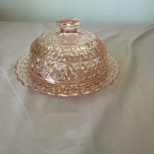 Vtg Jeanette Depression Glass Buttons & Bows, Holiday Pink Lidded Butter Dish 6"