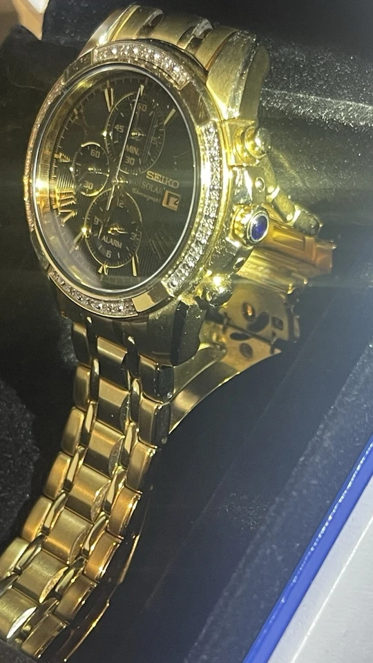 Seiko Solar Chronograph V172-0AV0 Gold Watch Diamond Crystal Bezel 100m 42mm - image 3 of 4