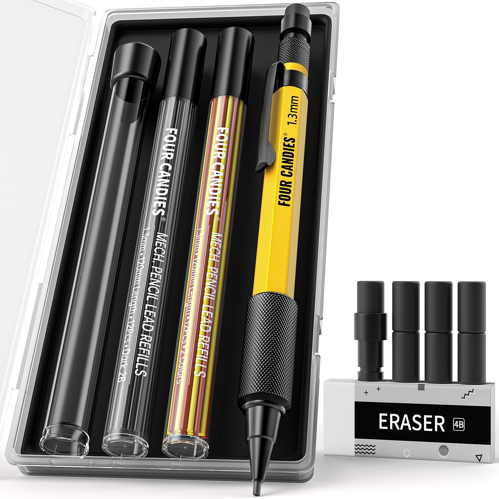 Four Candies 1.3mm Mechanical Pencil Set with 24 Lead Refills 1.3 mm Yellow