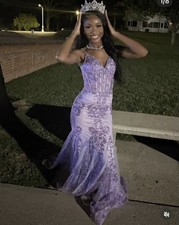 Lavender Purple Sequin Beaded Lace Mermaid Gown Floral Mesh Sleeveless V-Neck