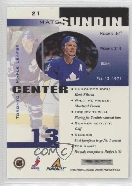 1997-98 Pinnacle Inside Mats Sundin #21 HOF - Image 2 of 2
