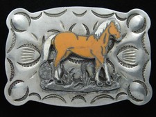 RI13129 VINTAGE 1970s HORSE ENGRAVED WESTERN COWBOY BELT BUCKLE