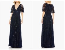 Mac Duggal Dress Sz 6 Navy Blue Sequin Embellished V-neck Cape Column Gown $798