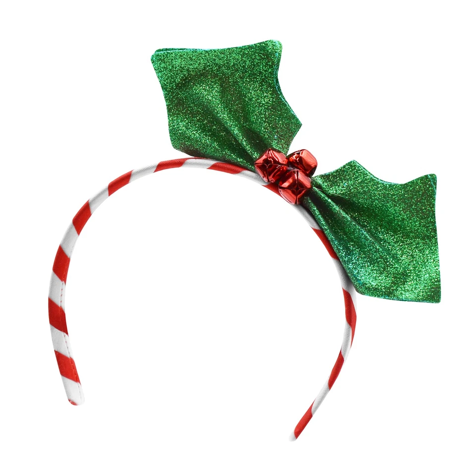 Diadema de acebo de Navidad hojas verdes brillantes tintineo campanas accesorio de vacaciones Foto 3 de 4