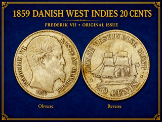1859 Danish West Indies 20 Cents Frederik VII KM 67 Silver EF Sailing Ship Rare!
