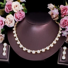 Women Gold Plated Square Drop Earrings Tennis Necklace Zircon Bridal Jewelry Set