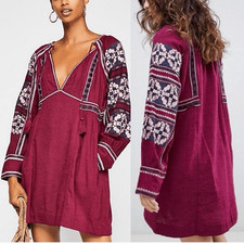 Free People All My Life Mini Dress Plum Slub Knit Embroidered Size S Oversized