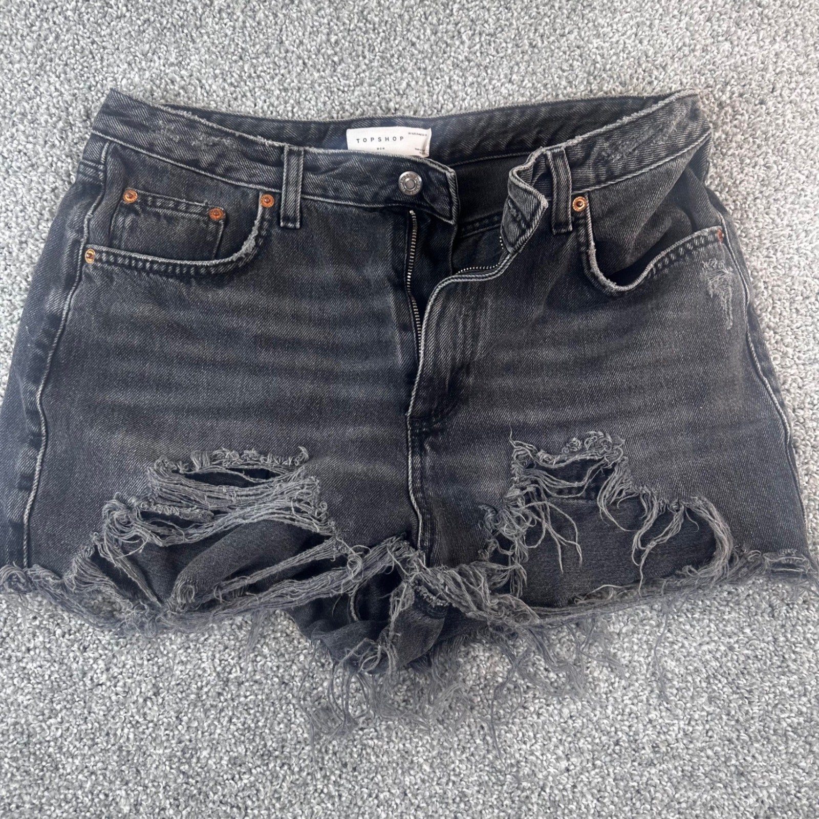 Topshop Mom Shorts Women 12 Black Distressed High Waisted Denim Frayed Raw Hem