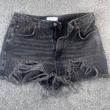 Topshop Mom Shorts Women 12 Black Distressed High Waisted Denim Frayed Raw Hem
