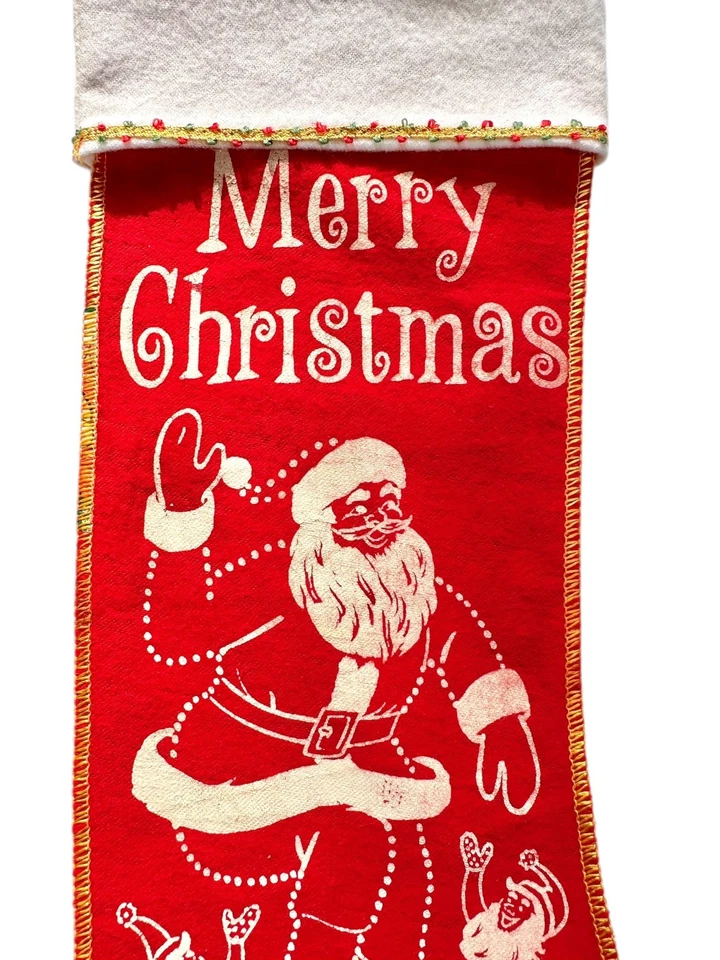 Medias rojas de Navidad vintage de los años 40 y 50 con escenas de Feliz Navidad Santa Elfos Foto 4 de 4