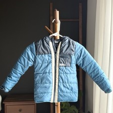 DKNY Kids Puffer Jacket Blue Gray Beige Hooded Zip Size 5 Outerwear
