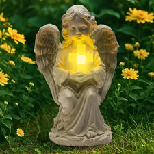 Solar Angel Garden Statue with Glowing Cross   Large Angel Figurines with Soft G