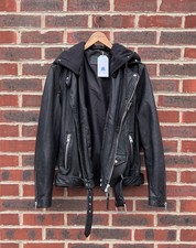 All Saints Mens RENZO Leather Biker Jacket MEDIUM removable hood Bomber A35