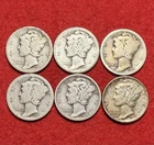 (6) 1917-1938 S San Francisco Mercury Dimes 10C 90% Silver US Coin Dime Set Lot