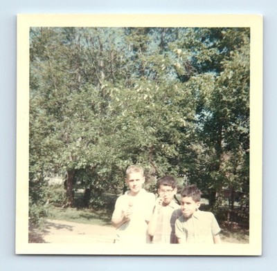 Old Vintage Square Color Photo TRIO TEEN BOYS STANDING OUTSIDE SNAPSHOT PIC