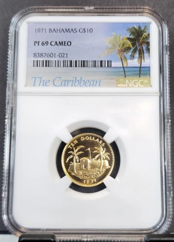 1971 BAHAMAS GOLD 10 DOLLARS ISLAND FORTRESS NGC PF 69 CAMEO RARE TOP POP