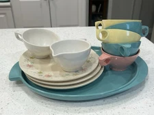 1950’s Melamine Boontonware 1-Platter, 3-Plates And 5-Coffee Cups& Creamer/Sugar
