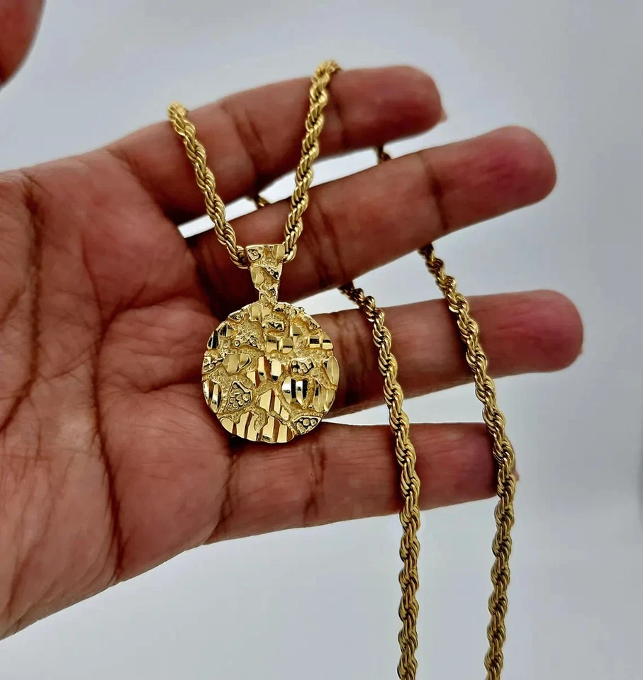 Homme 18K or Jaune Sur 25mm Cercle Pépite Pendentif W/24 " Corde Chaîne Collier