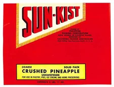 1949 Paper Label Sun-Kist Coarse Crushed Pineapple Philippine Packing - Scarce