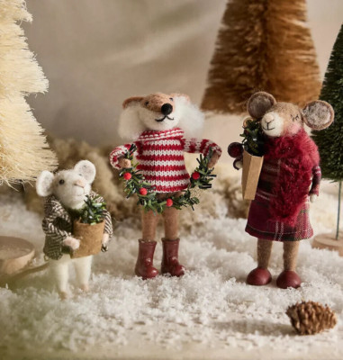 Anthropologie Festive Mouse Family Critters Ornaments 3 Terrain Felted Wool NEW